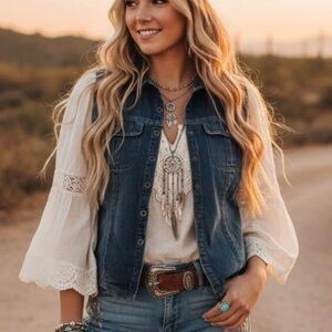 Cherokee 100% Cotton Denim Vest Button Up Southwestern Boho Cowgirl Indie Hippie